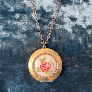 Gold tone Locket Necklace with Rose Design